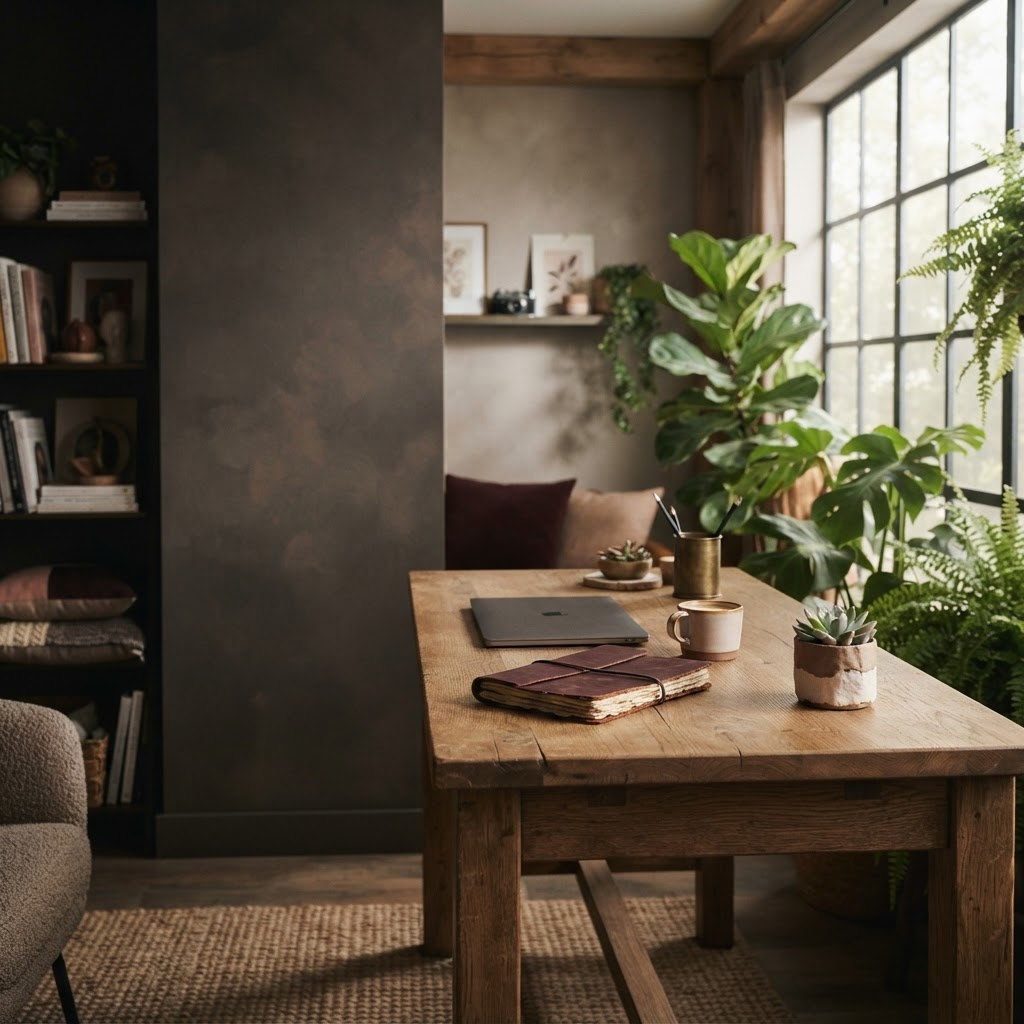 Cozy desk surrounded by plants